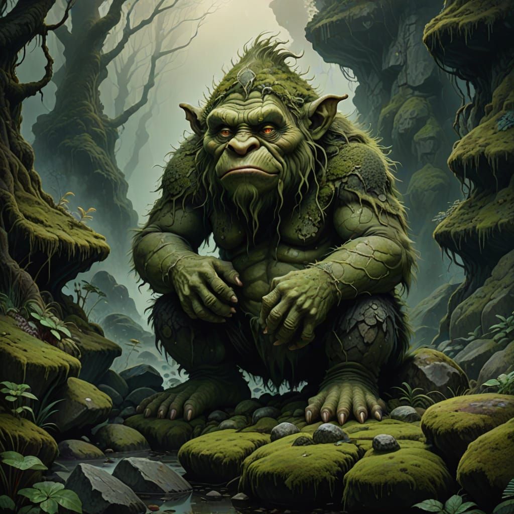Moss Troll in Misty Forest: Fantasy Illustration