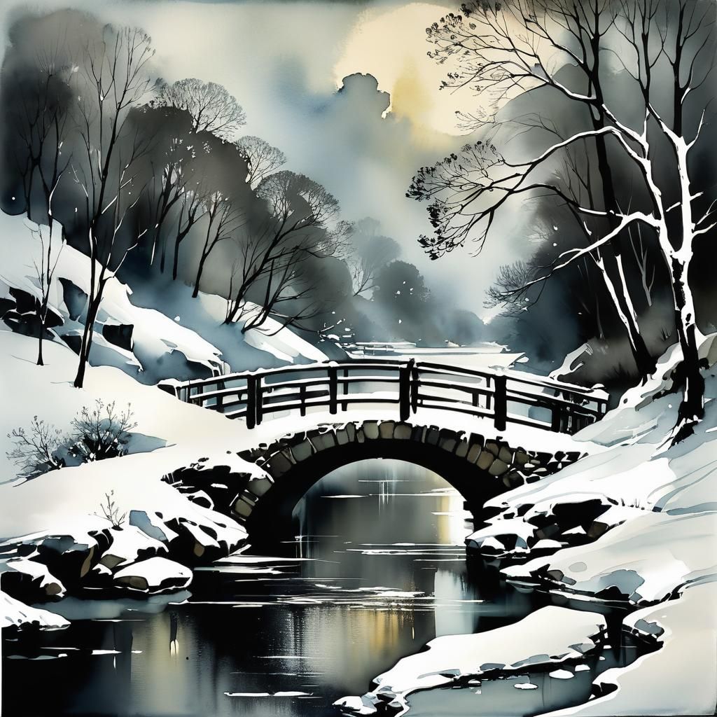 Winter Silhouette on Stone Bridge: Mixed Media Art