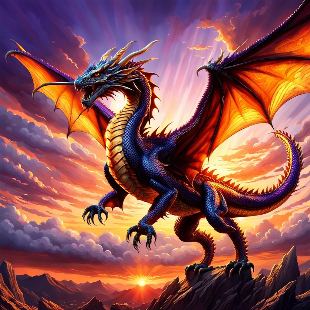 Majestic Dragon Soaring Through a Sunset Sky