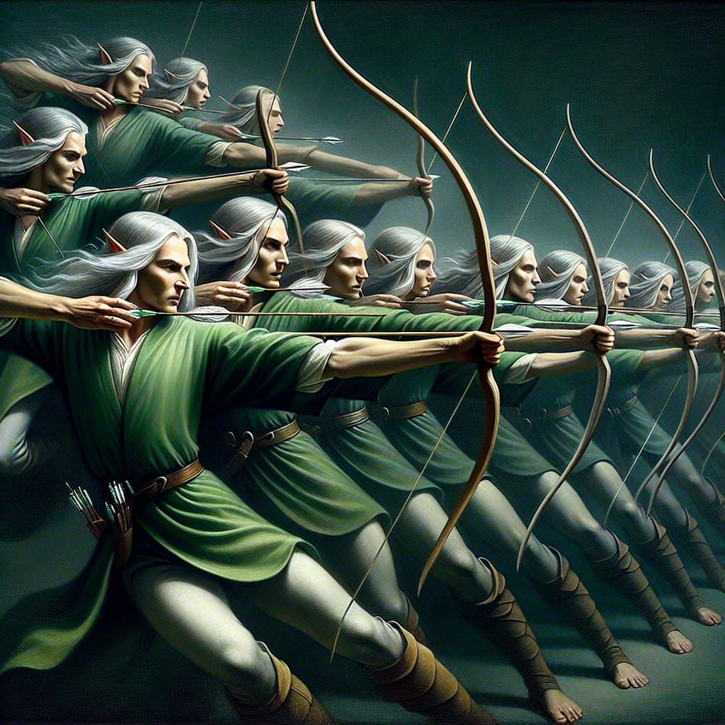 Elven Archers in Action: A Symmetrical Oil Painting
