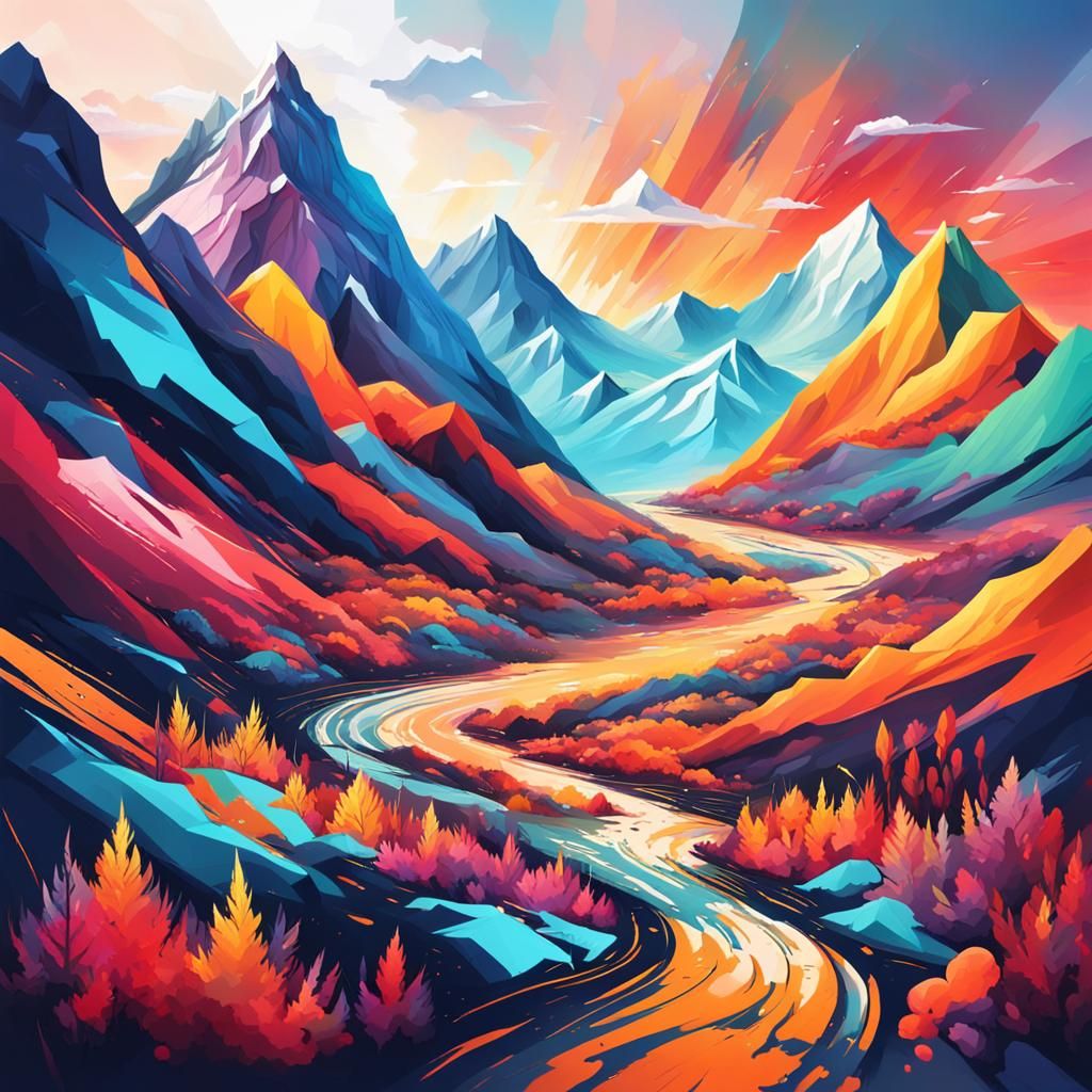 Abstract Mountain Landscape in Splash Art Style
