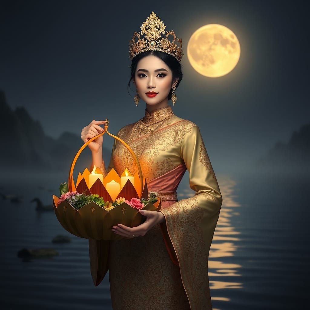 Thai Queen with Krathong in a Fantastical Scene