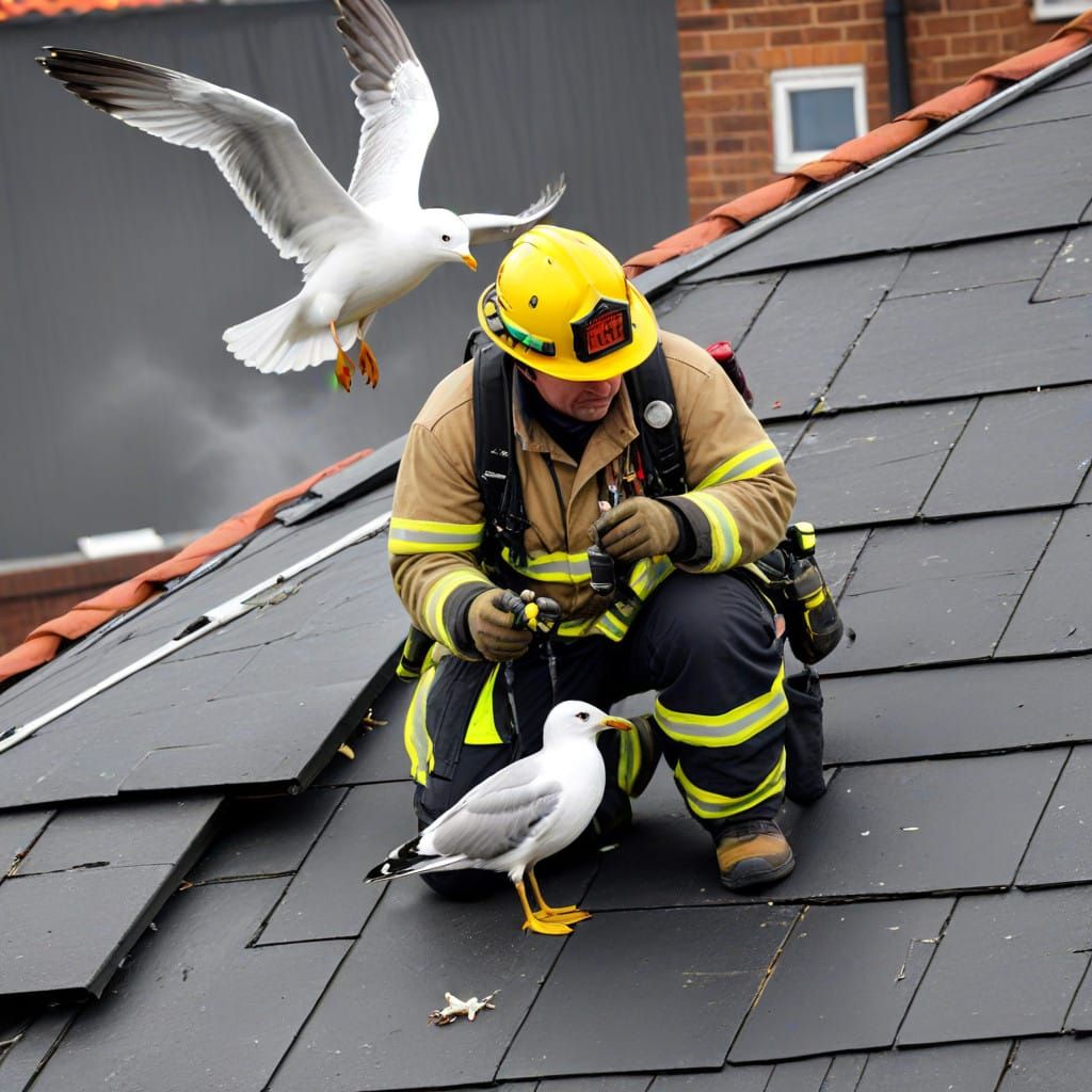 Fire Fighters rescuing a seagull from a roof in Grimsby