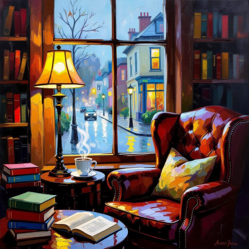 Cozy Library Corner with Rain and Hot Chocolate