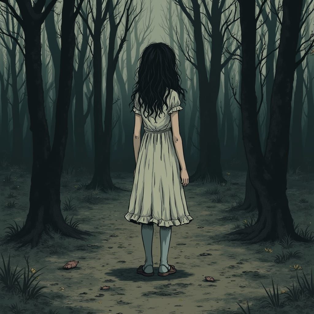 Eerie Girl in Dark Forest: Junji Ito Style