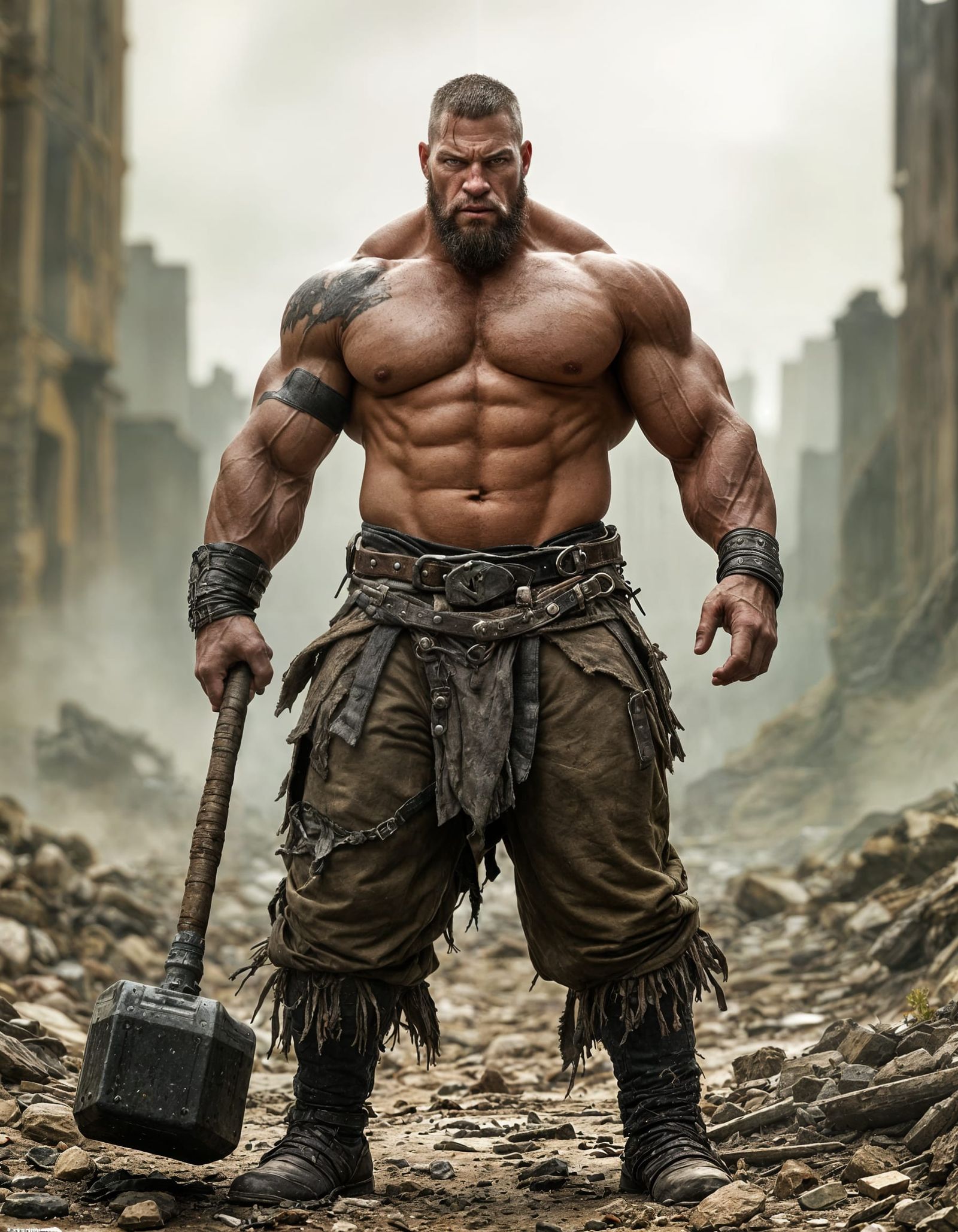 Muscular Barbarian in Post-Apocalyptic Wasteland