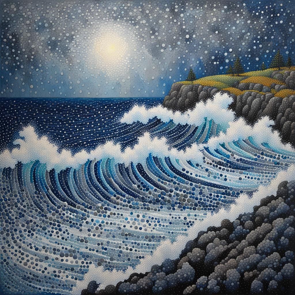 Dramatic Stormy Sea Cliffside View in Pointillism