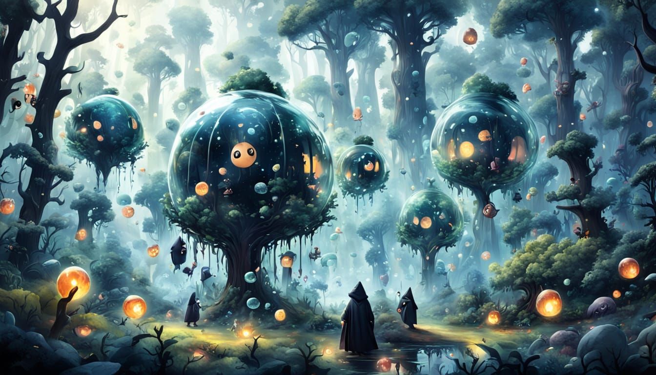 Hooded Figures in Bubbles Fly Through Forest