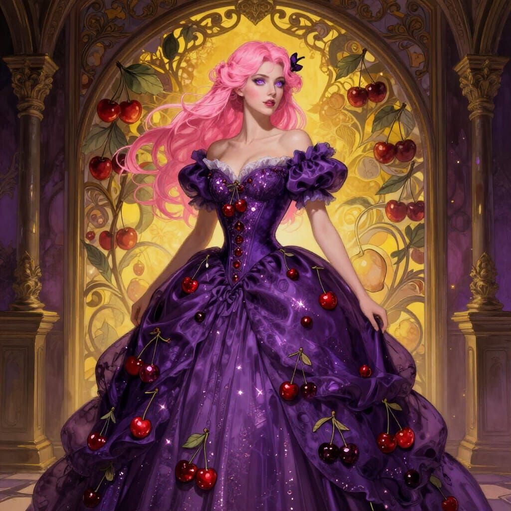Woman in Plum Gown with Cherry Accents in Alcohol Ink Style