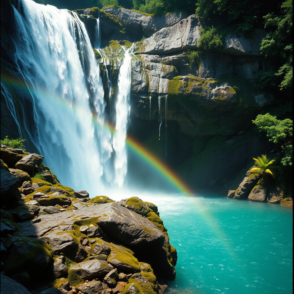 Majestic Waterfall with Rainbows and Cinematic Lighting