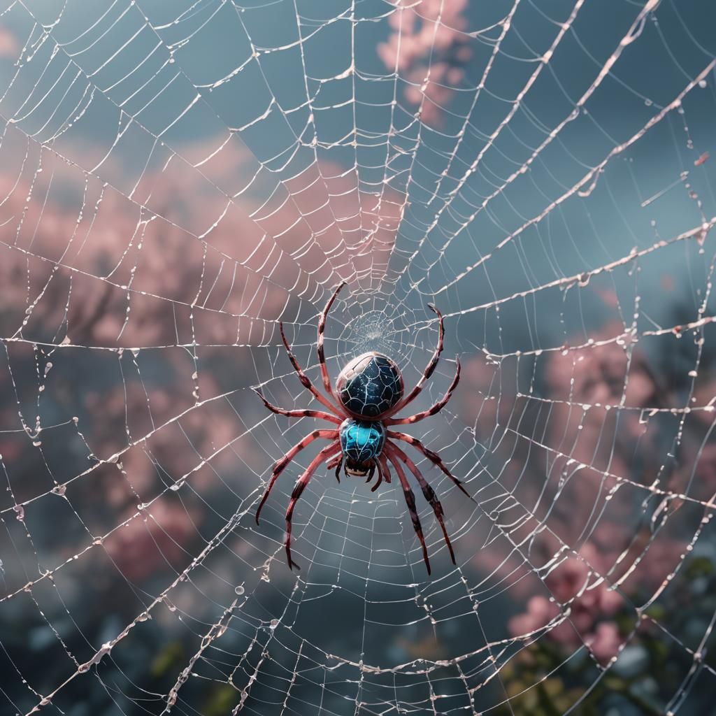 Light Pink and Blue Spider on White Web