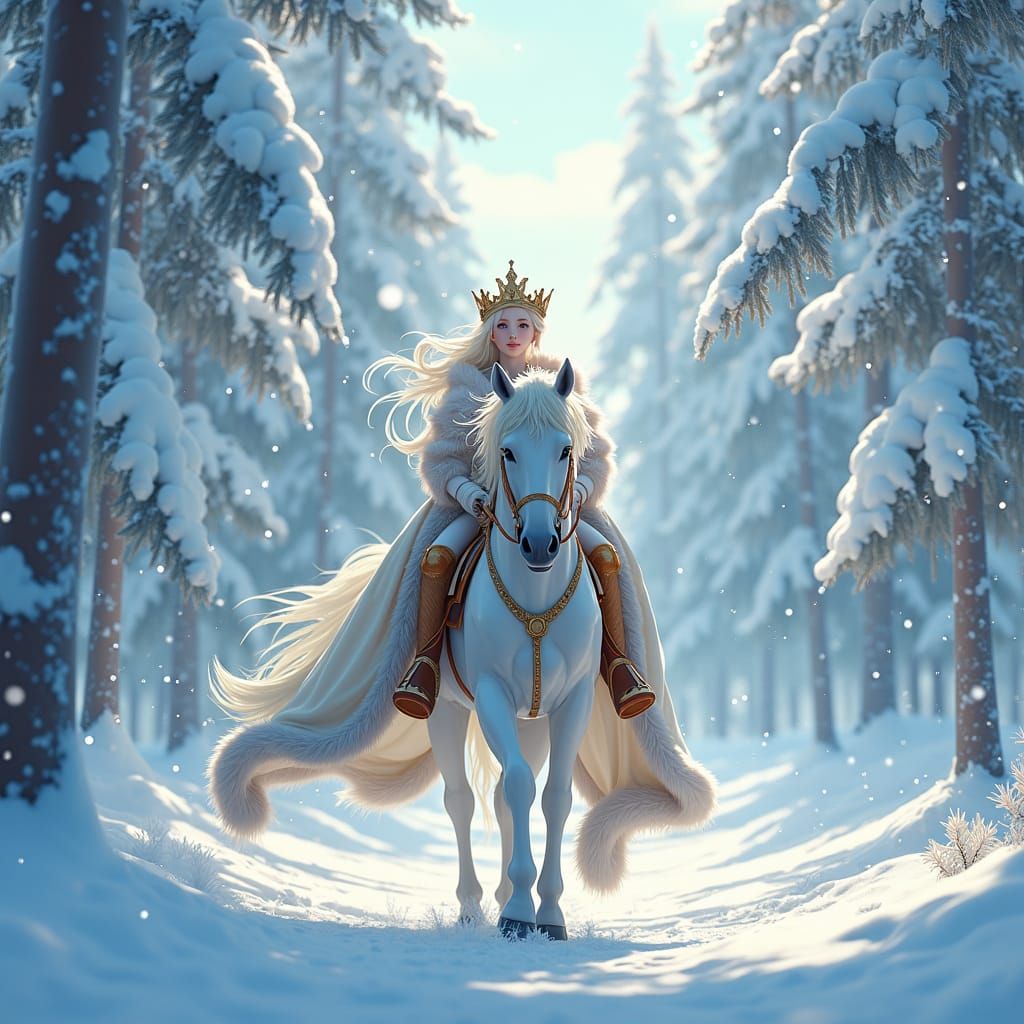 Anime Princess on White Horse in Winter Forest