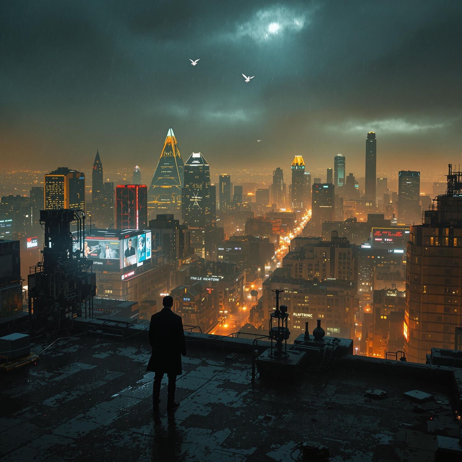 Cyberpunk Dystopian Cityscape at Night, Inspired by Syd Mead...