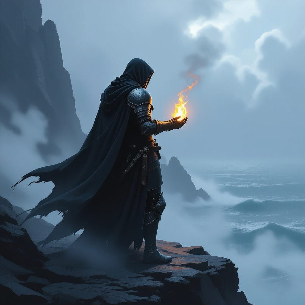 Knight on Rocky Outcrop Overlooking Stormy Sea