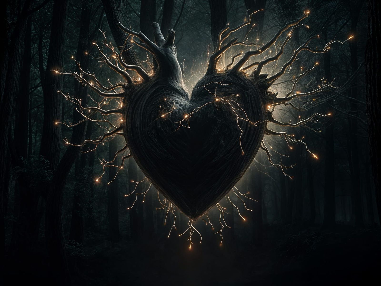 Magical Black Heart in Dark Forest, Dramatic Lighting