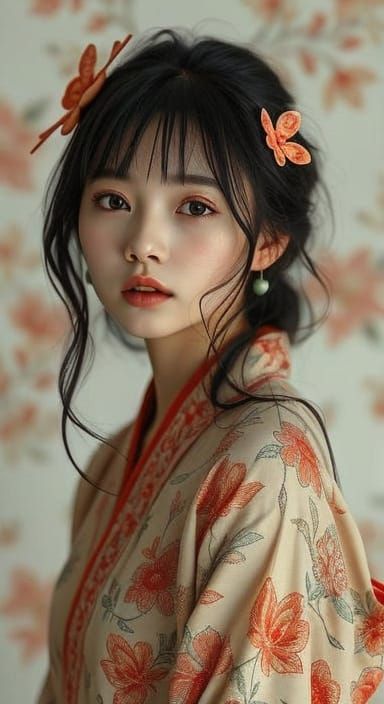 Surreal Portrait of Smiling Japanese Woman in Oil Painting S...