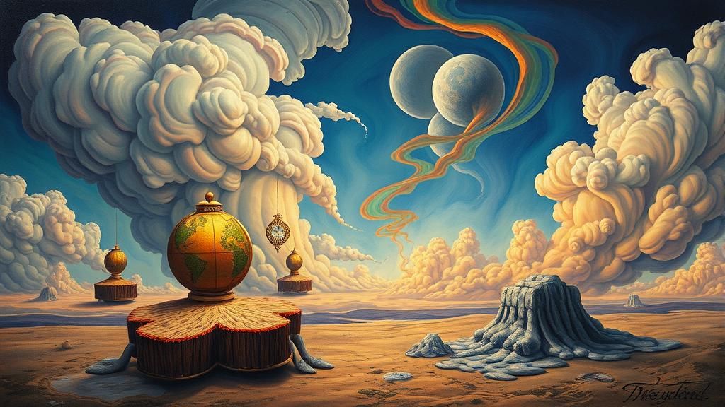 Surreal Dreamscape with Melting Objects and Clouds