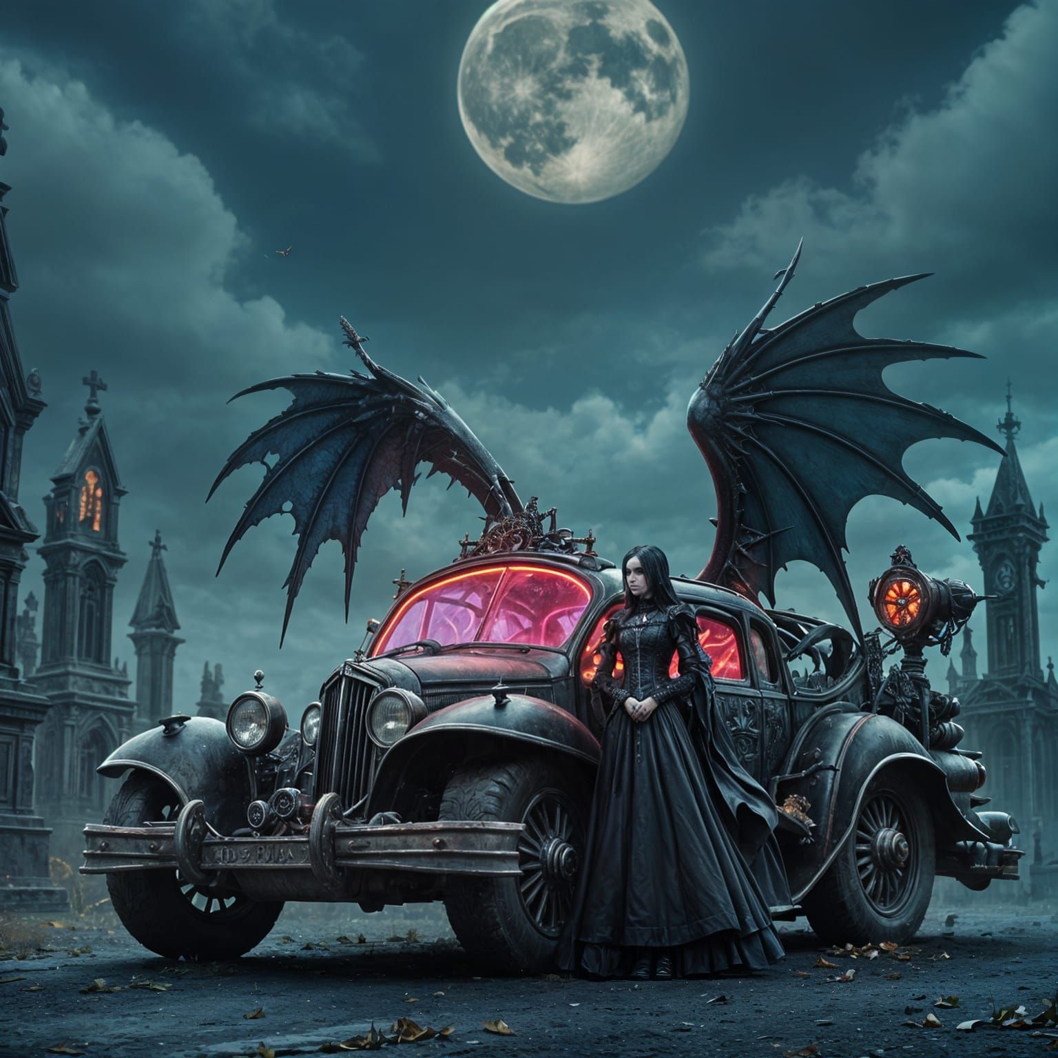 Gothic Couple and Steampunk Vehicle in Cemetery
