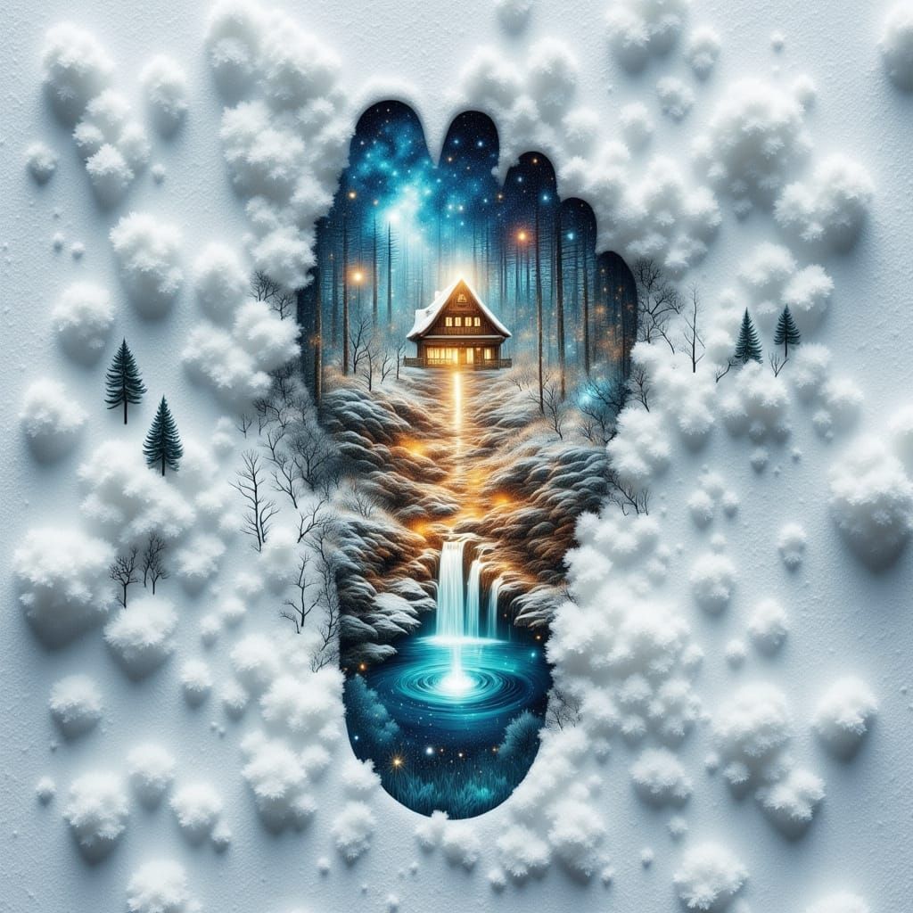 Surreal Double Exposure Footprint Microcosm in Pop Art Style