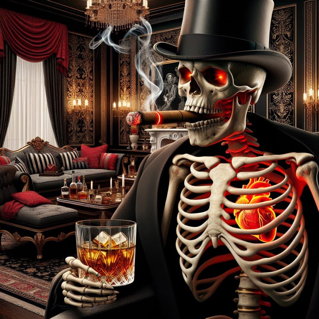 Skeleton Gentleman in Opulent 1960s Parlor