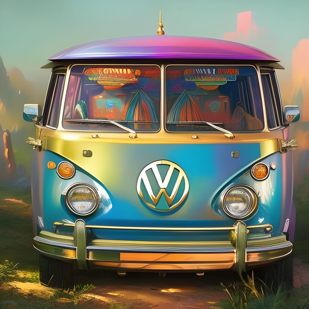 Colorful 70s VW Van in Flowery Meadow, Comic Art
