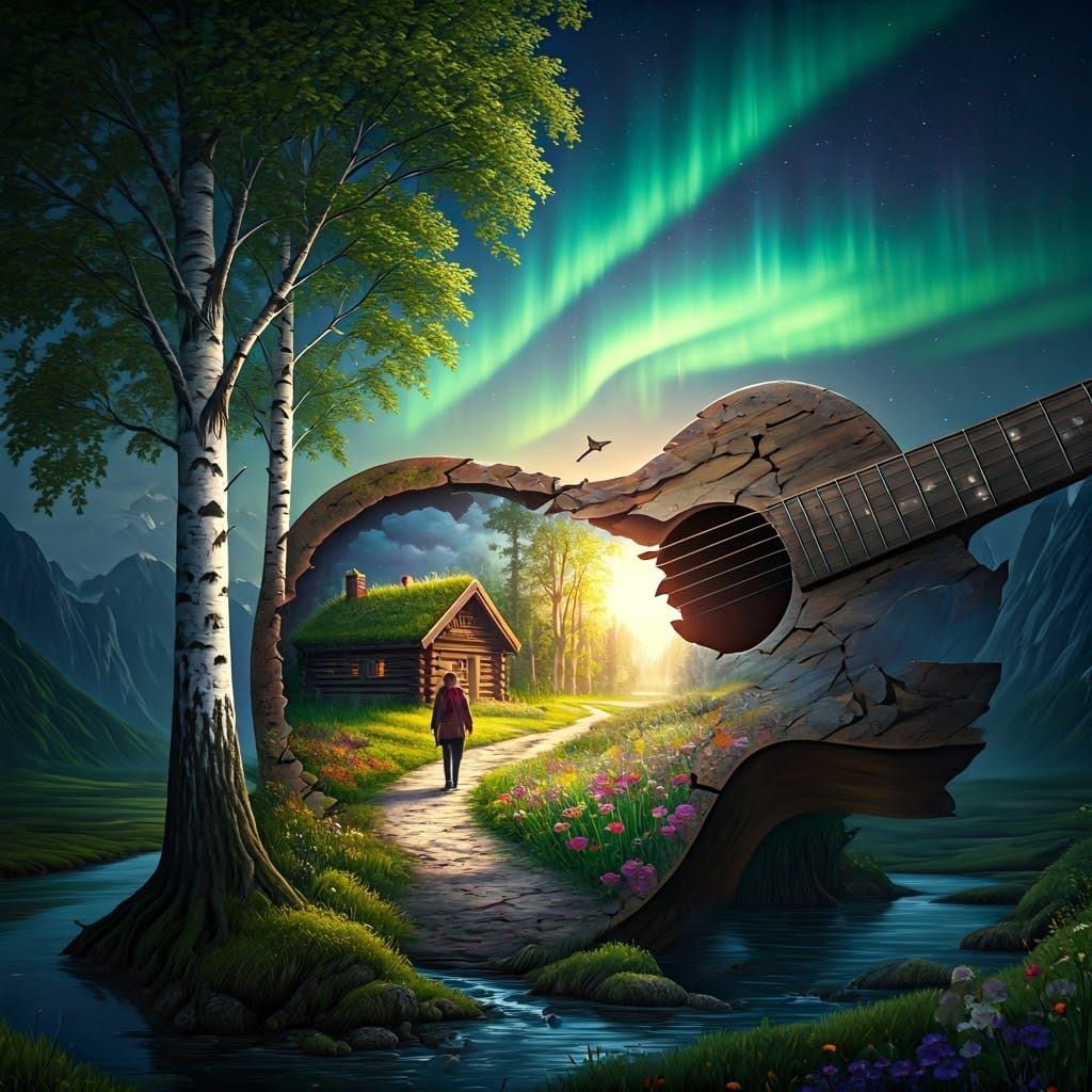 Surreal Guitar Landscape in Whimsical Style