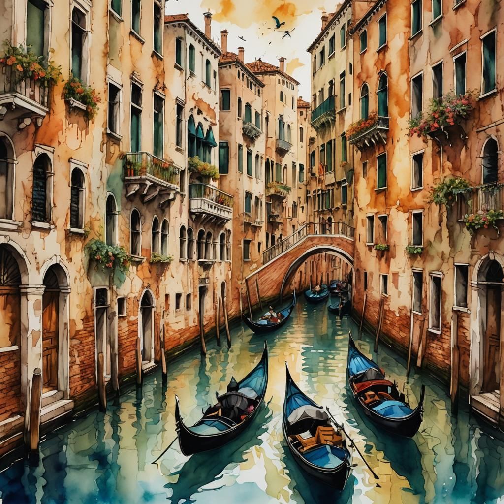 Venice Canal in Alcohol Ink Illustration