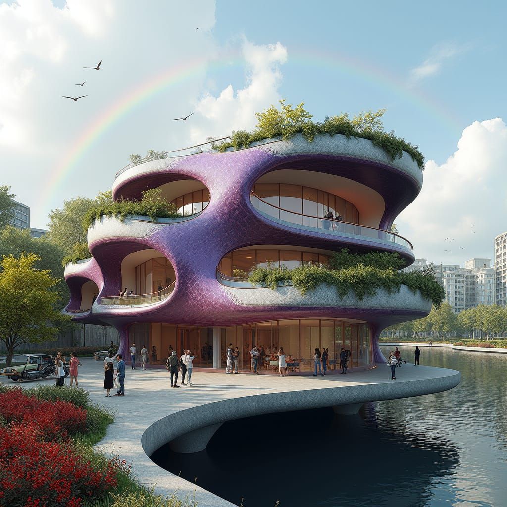 Futuristic Flower-Shaped Building with Curved Windows and Lu...