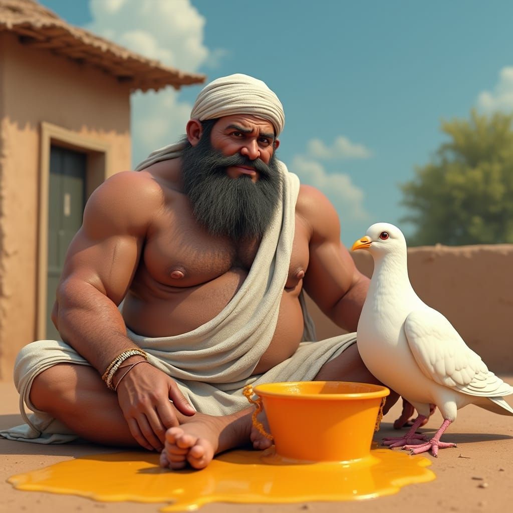 Farmer and Pigeon Share Juice: 3D Rendered Scene