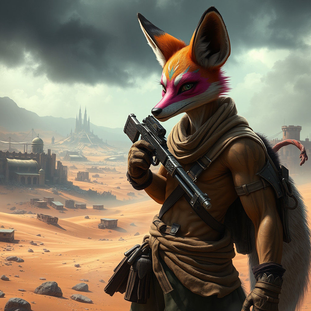 Post-Apocalyptic Fox Warrior in Ruined Cityscape