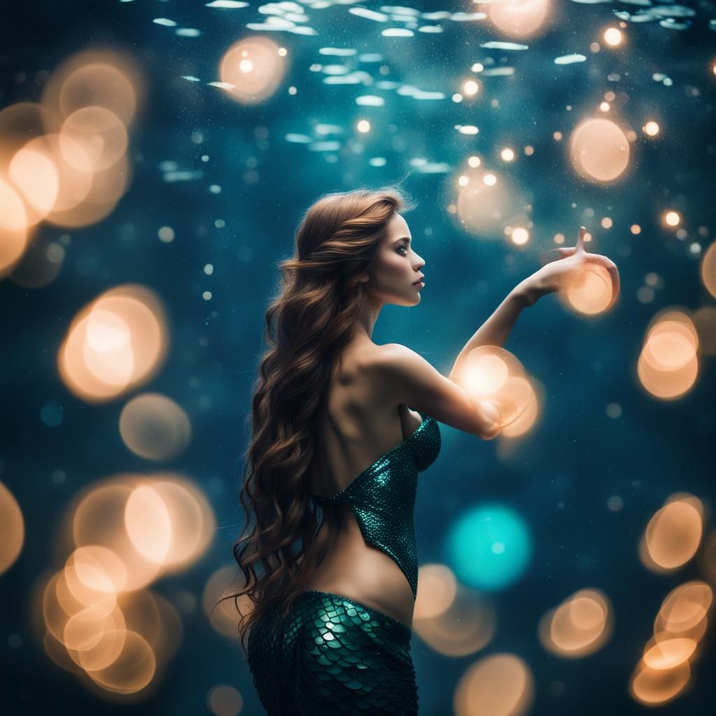 Enchanting Mermaid in Deep Sea with Magic Lights