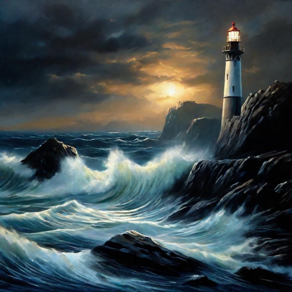Majestic Lighthouse on Stormy Island: Oil Painting