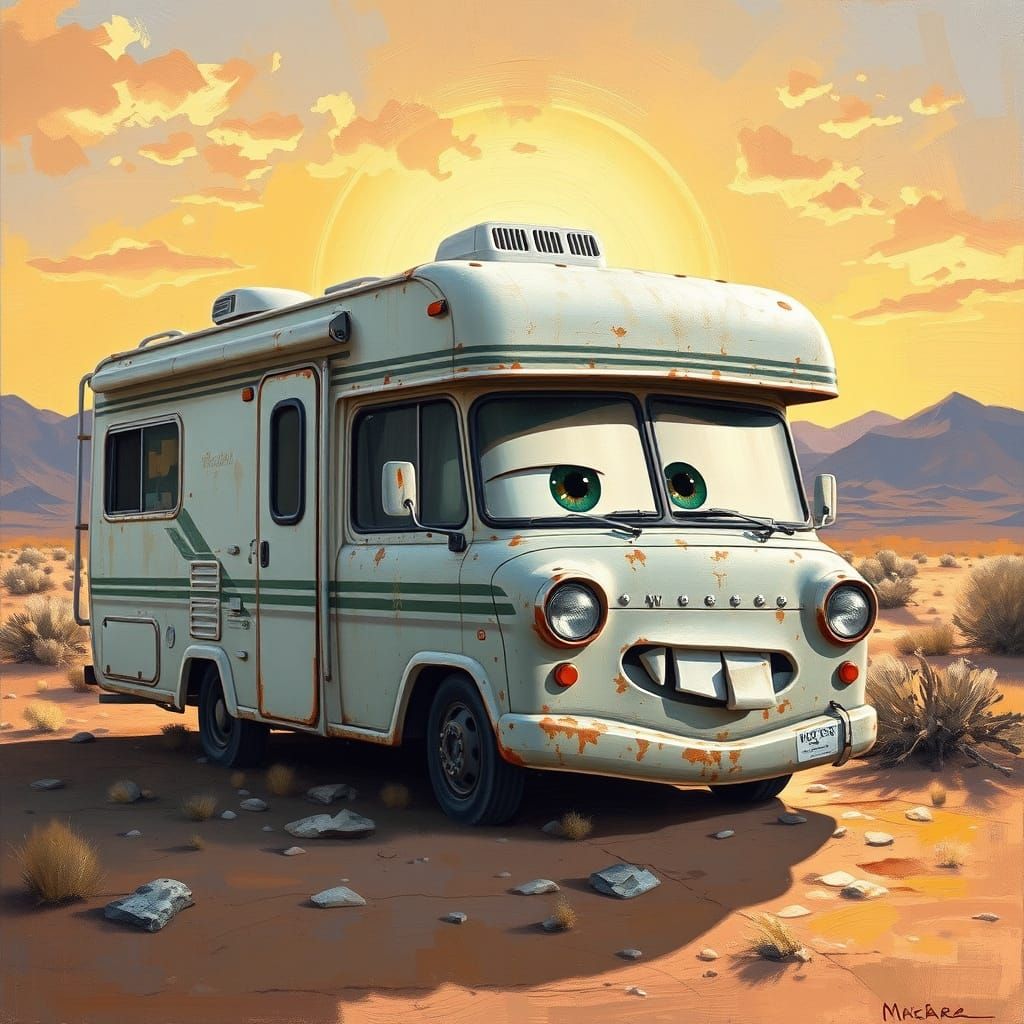 Mater Motorhome in Desert Landscape as Oil Painting
