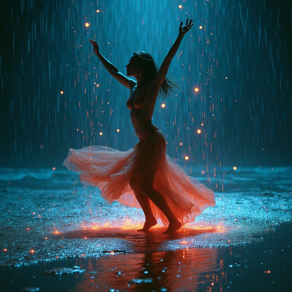Woman Dancing in Bioluminescent Rain