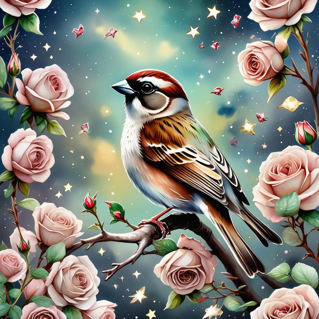 Sparrow in Roses Under Starry Sky: Diamond Watercolor Fantas...