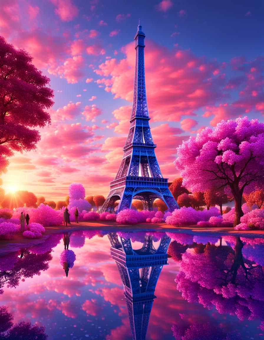 Crystal Eiffel Tower at Sunset in Klimt Style