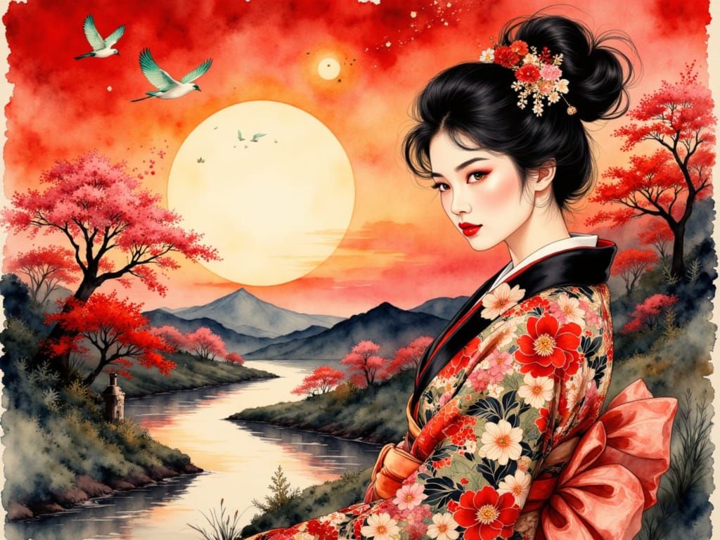 Serene Japanese Landscape with Woman in Kimono