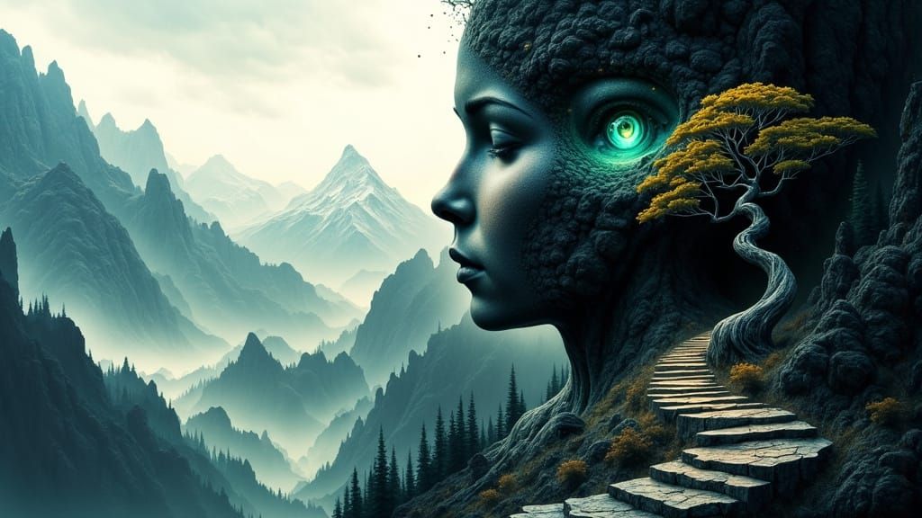 Surreal Portrait of a Woman in a Majestic Mountain Landscape