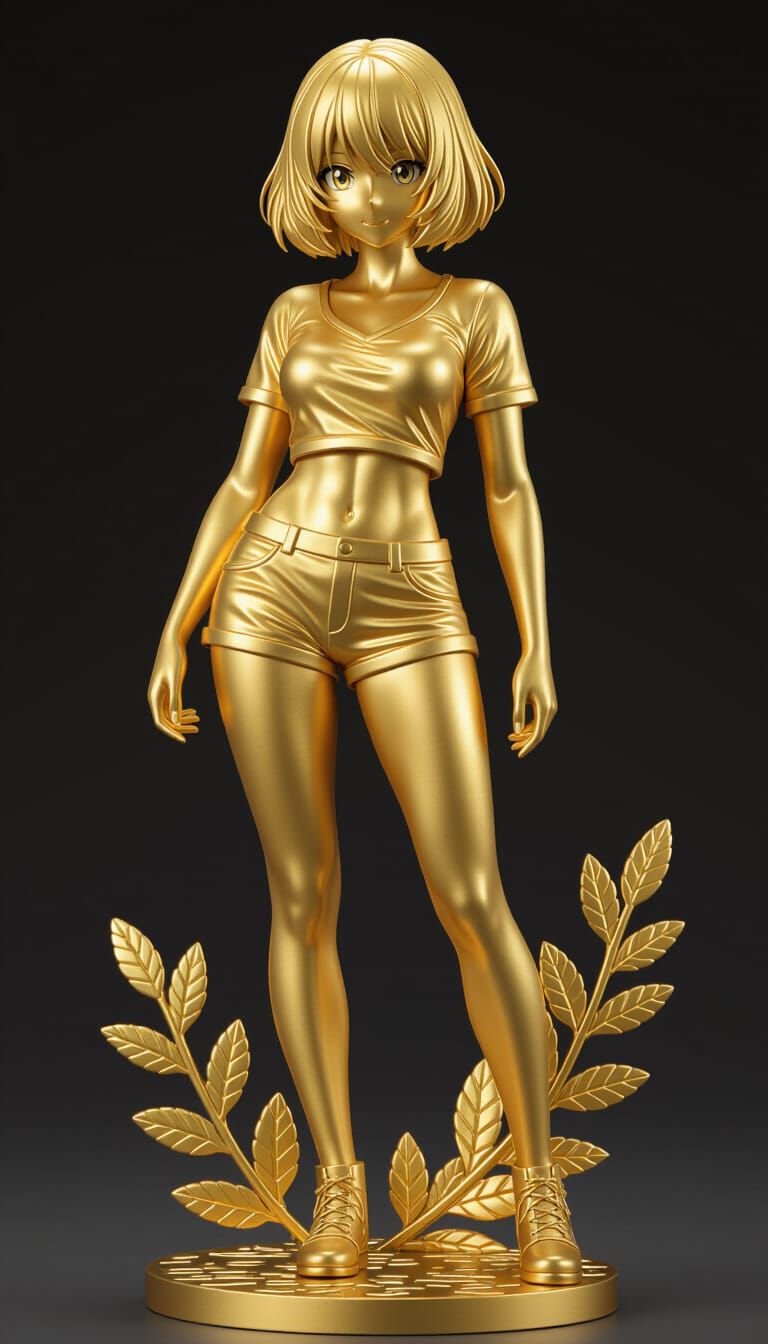 Anime Gold Sculpture of Woman in Shorts and Shirt