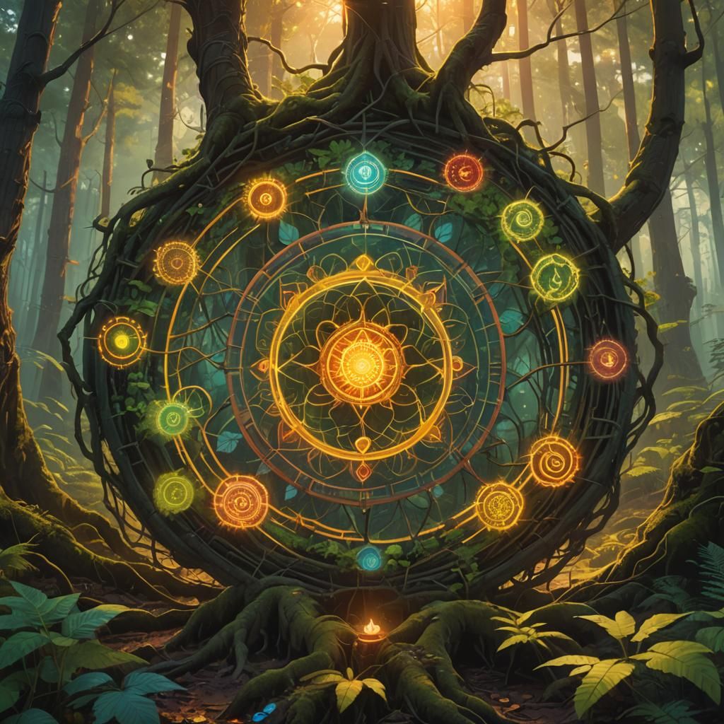 Glowing Chakra Mandala in Mystical Forest