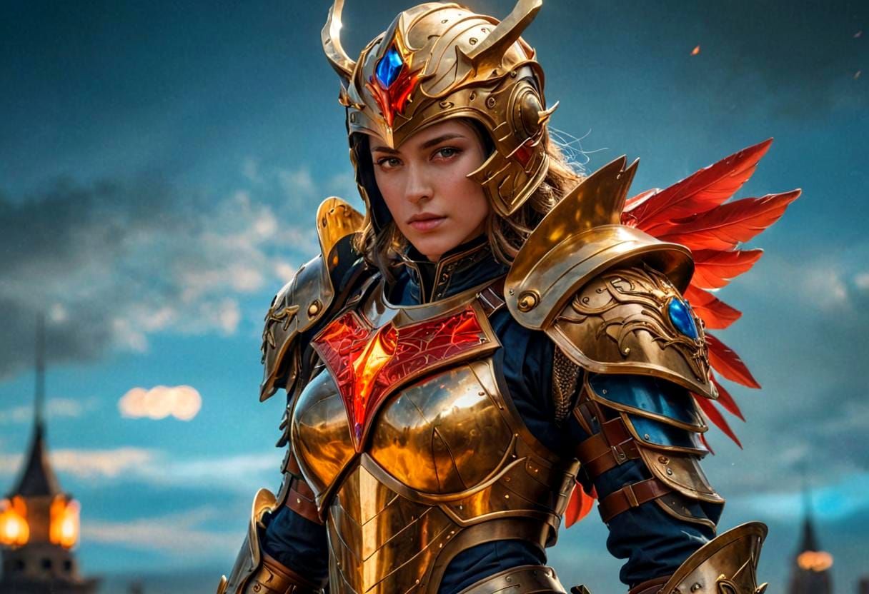 Fantasy Armored Woman Floating Above High-Tech City