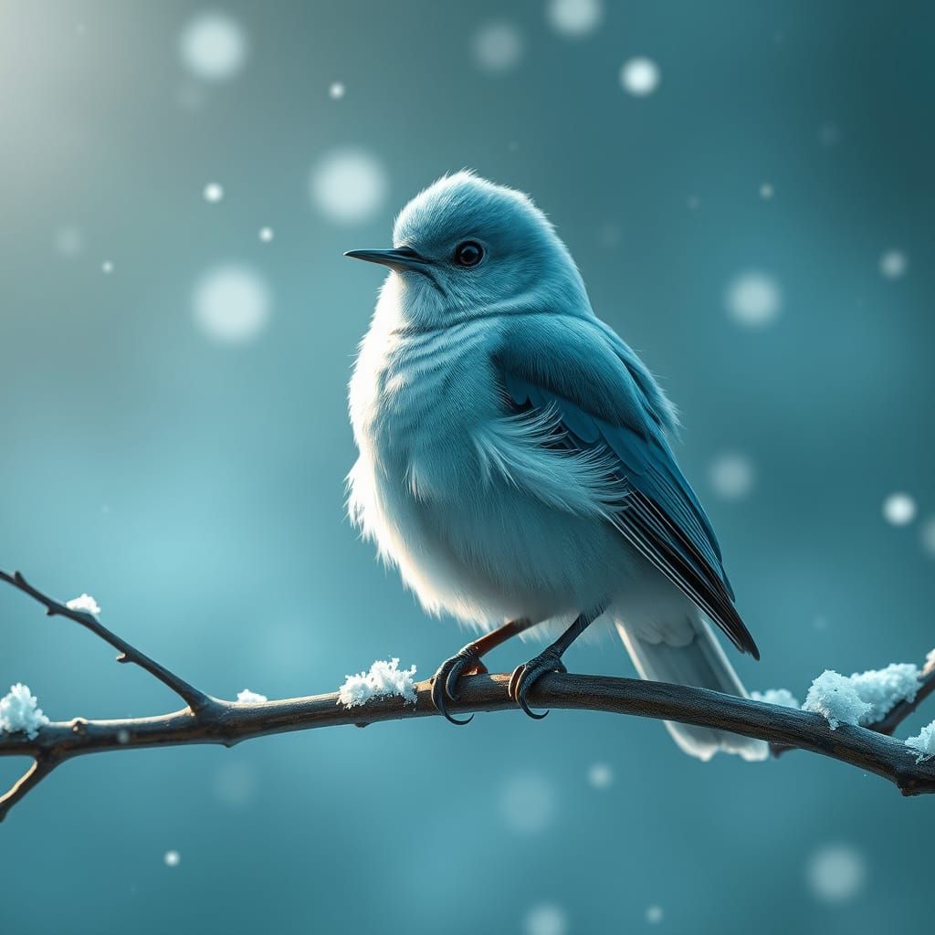 Bird in Turquoise Snowfall, Fantastical Scene in Deep Color