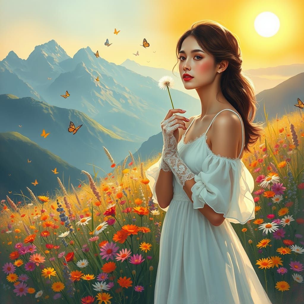 Woman Among Wildflowers in Impressionist Style