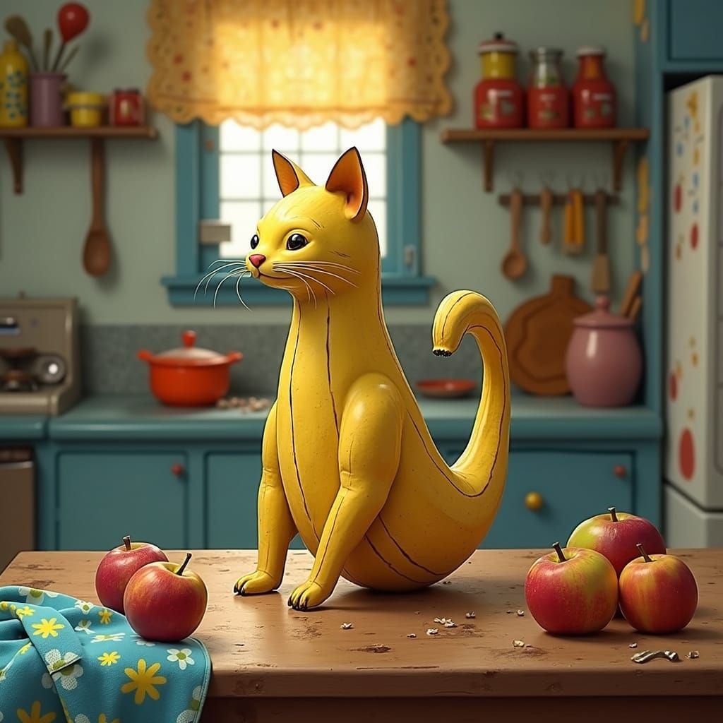 Whimsical Banana Cat in a Triadic Kitchen Scene