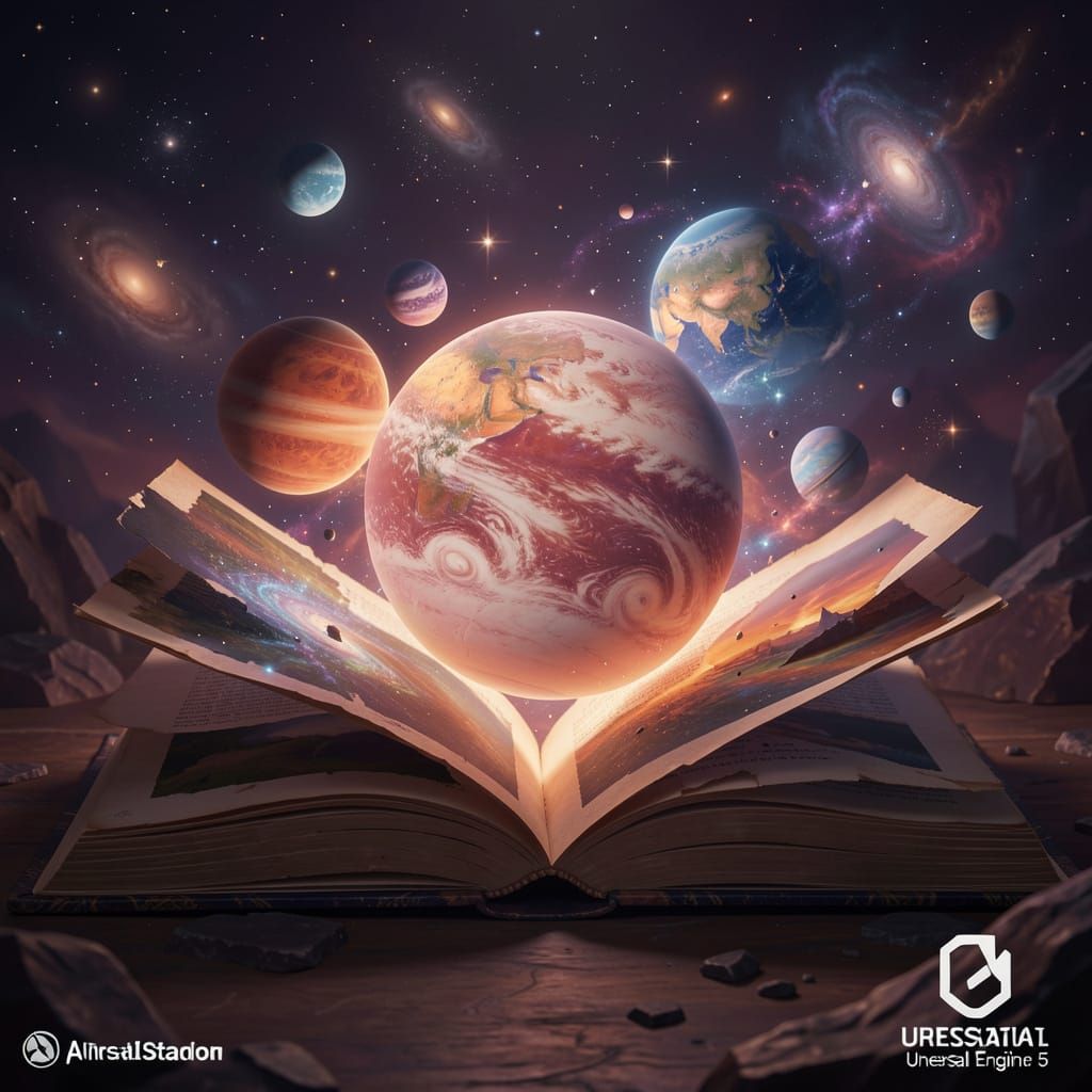 Planets Emerge from Fantasy Book in Matte Painting Style
