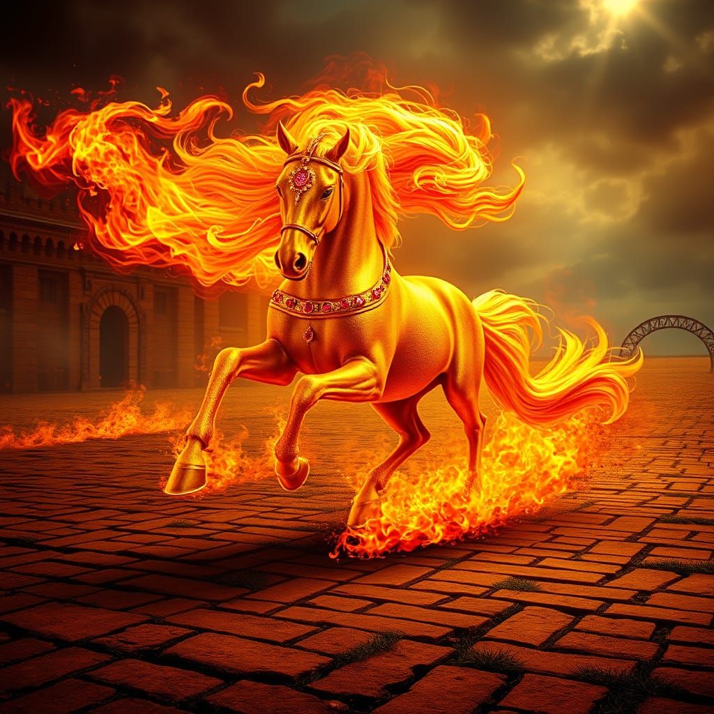 Majestic Ruby-Encrusted Horse Gallops Across Ancient Brick F...