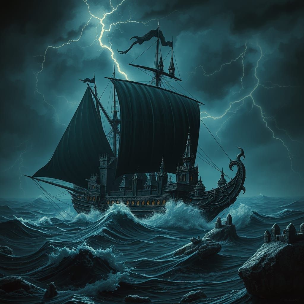 Demonic Vessel Sails Through Stormy Waters in Gothic Style