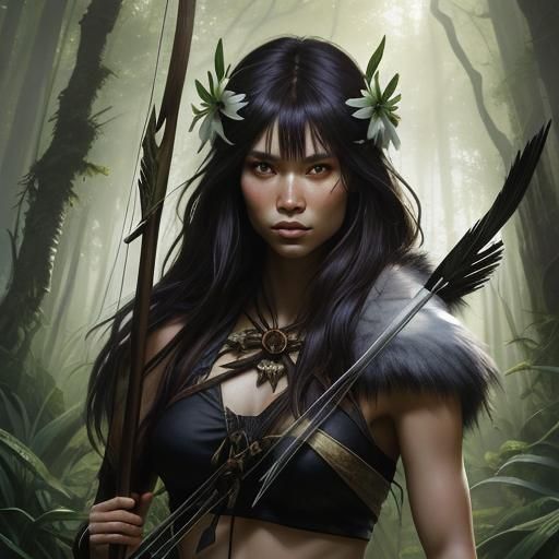 Stone Age Girl Hunting in Primeval Forest