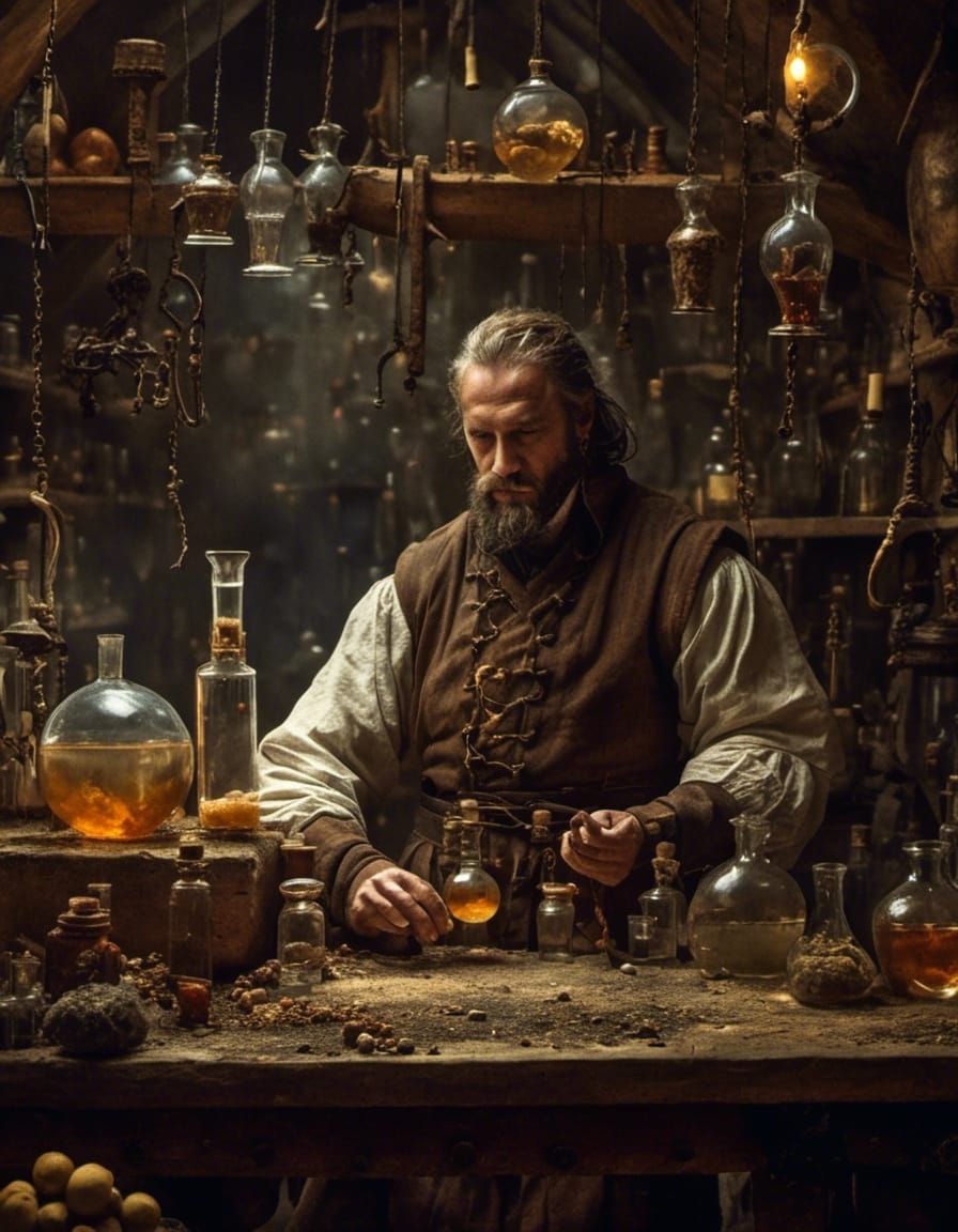 Alchemist in Medieval Lab Experimenting, Light Fantasy Style