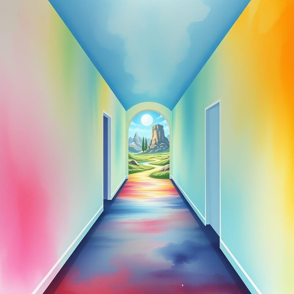 Watercolor Hallway to Surreal Kidcore Landscape